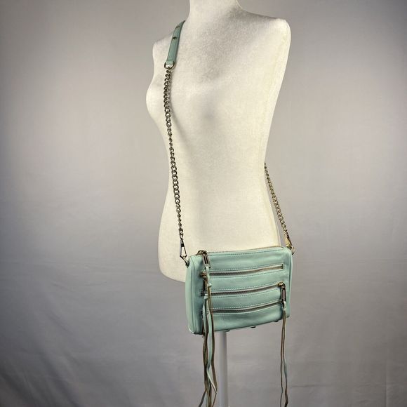 Rebecca Minkoff Crossbody Mini Bag Leather Purse Studded 5 Zip Mint Clutch Tote - Picture 16 of 16